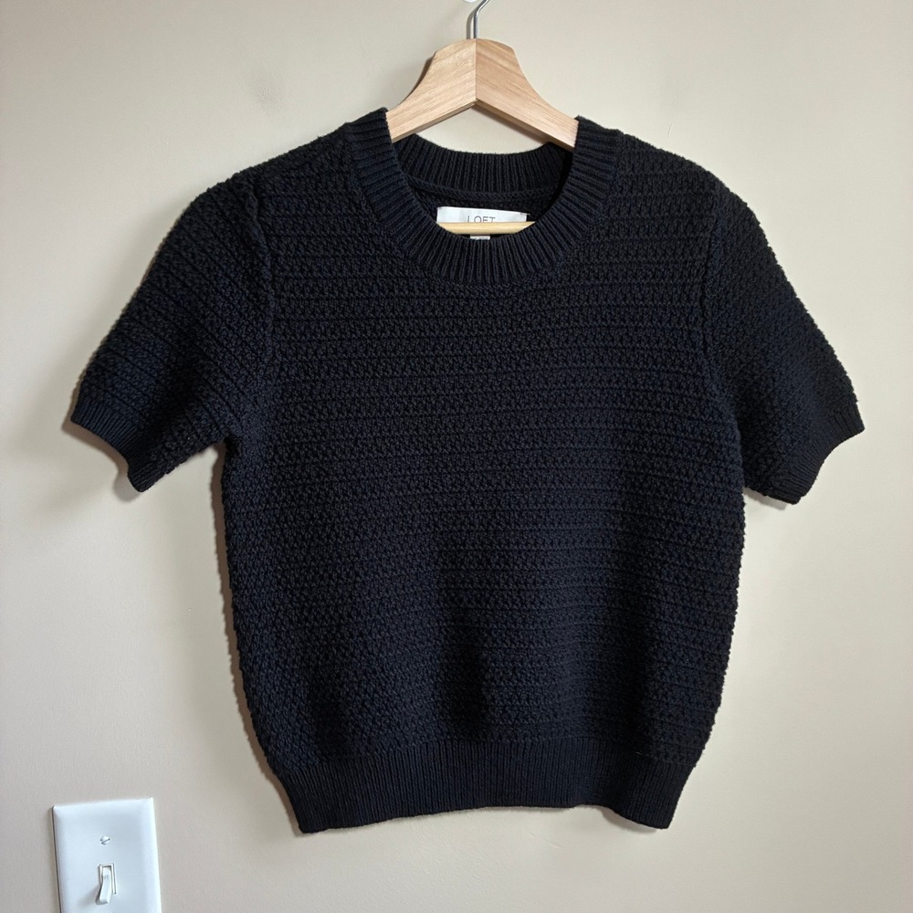LOFT Short Sleeve Textured Knit Sweater XS Black Womens Cotton Blend Crew Neck